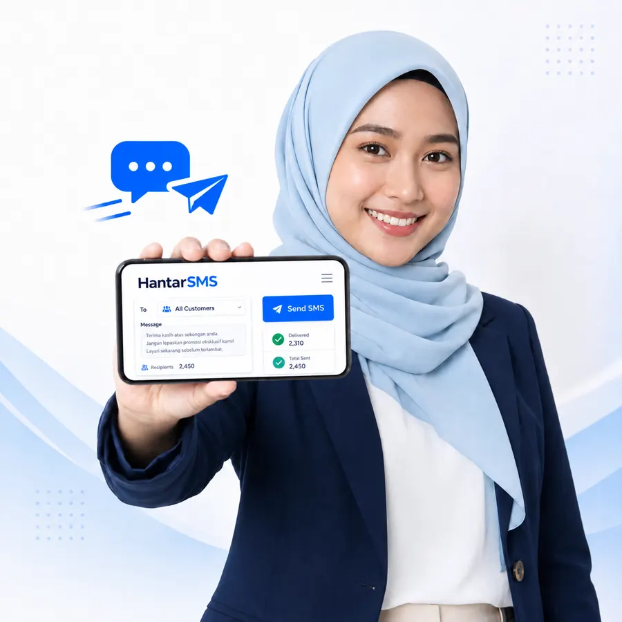 Malaysian user holding a phone showing the HantarSMS bulk SMS dashboard with 2,310 delivered out of 2,450 sent